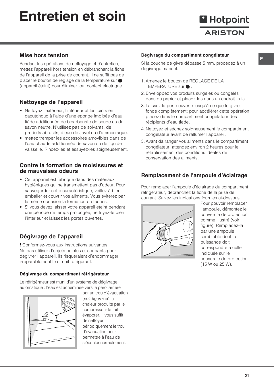 Entretien et soin | Ariston BD 2421 User Manual | Page 21 / 48