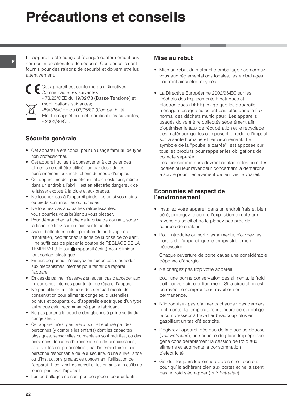 Précautions et conseils | Ariston BD 2421 User Manual | Page 22 / 48