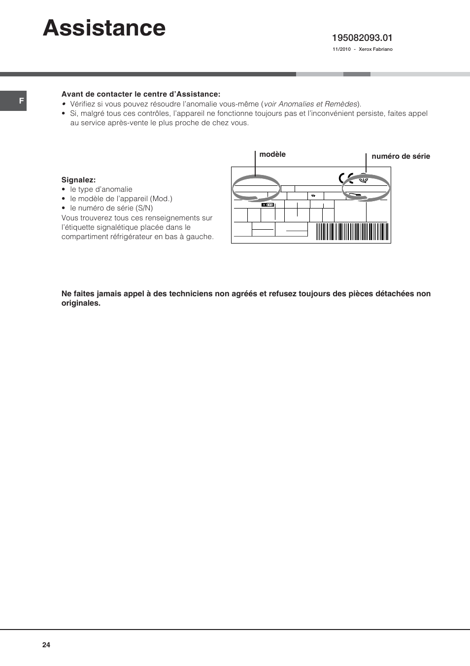 Assistance, Modèle numéro de série | Ariston BD 2421 User Manual | Page 24 / 48