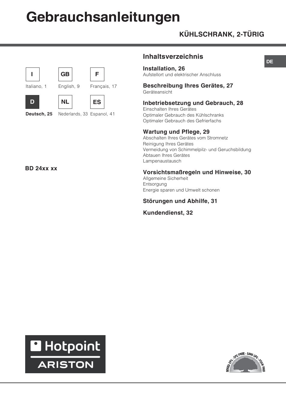 82093de, Gebrauchsanleitungen, Kühlschrank, 2-türig inhaltsverzeichnis | Ariston BD 2421 User Manual | Page 25 / 48