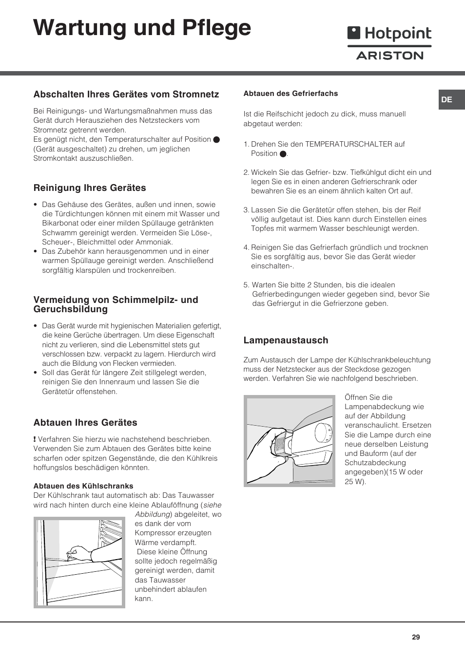 Wartung und pflege | Ariston BD 2421 User Manual | Page 29 / 48
