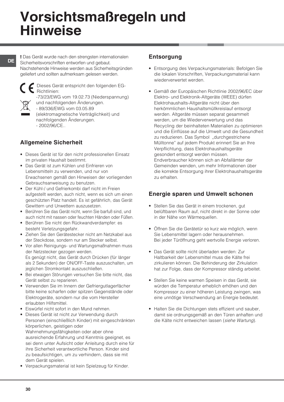 Vorsichtsmaßregeln und hinweise | Ariston BD 2421 User Manual | Page 30 / 48