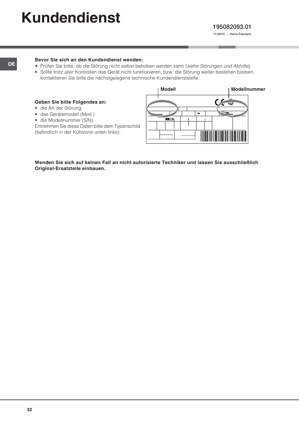 Kundendienst, Modell modellnummer | Ariston BD 2421 User Manual | Page 32 / 48