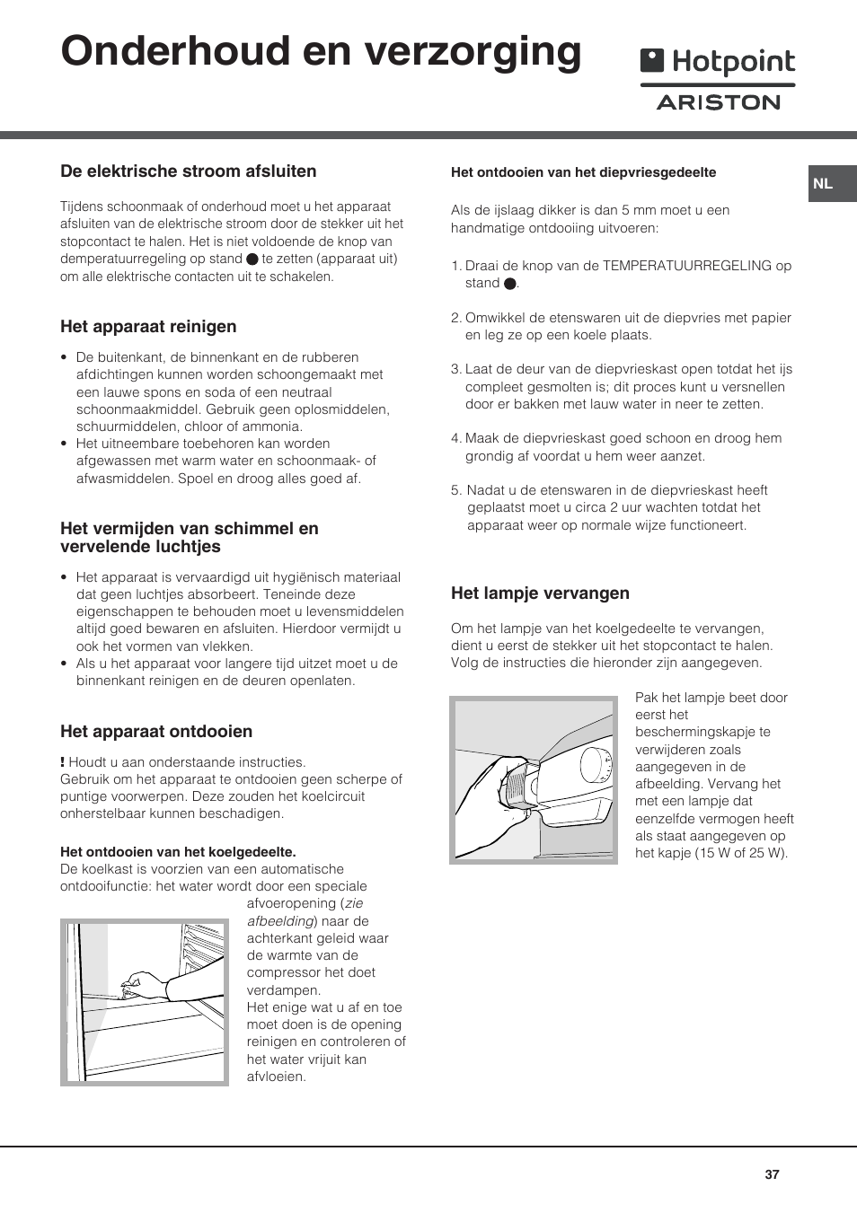Onderhoud en verzorging | Ariston BD 2421 User Manual | Page 37 / 48