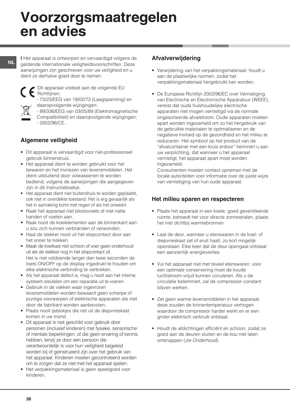 Voorzorgsmaatregelen en advies | Ariston BD 2421 User Manual | Page 38 / 48