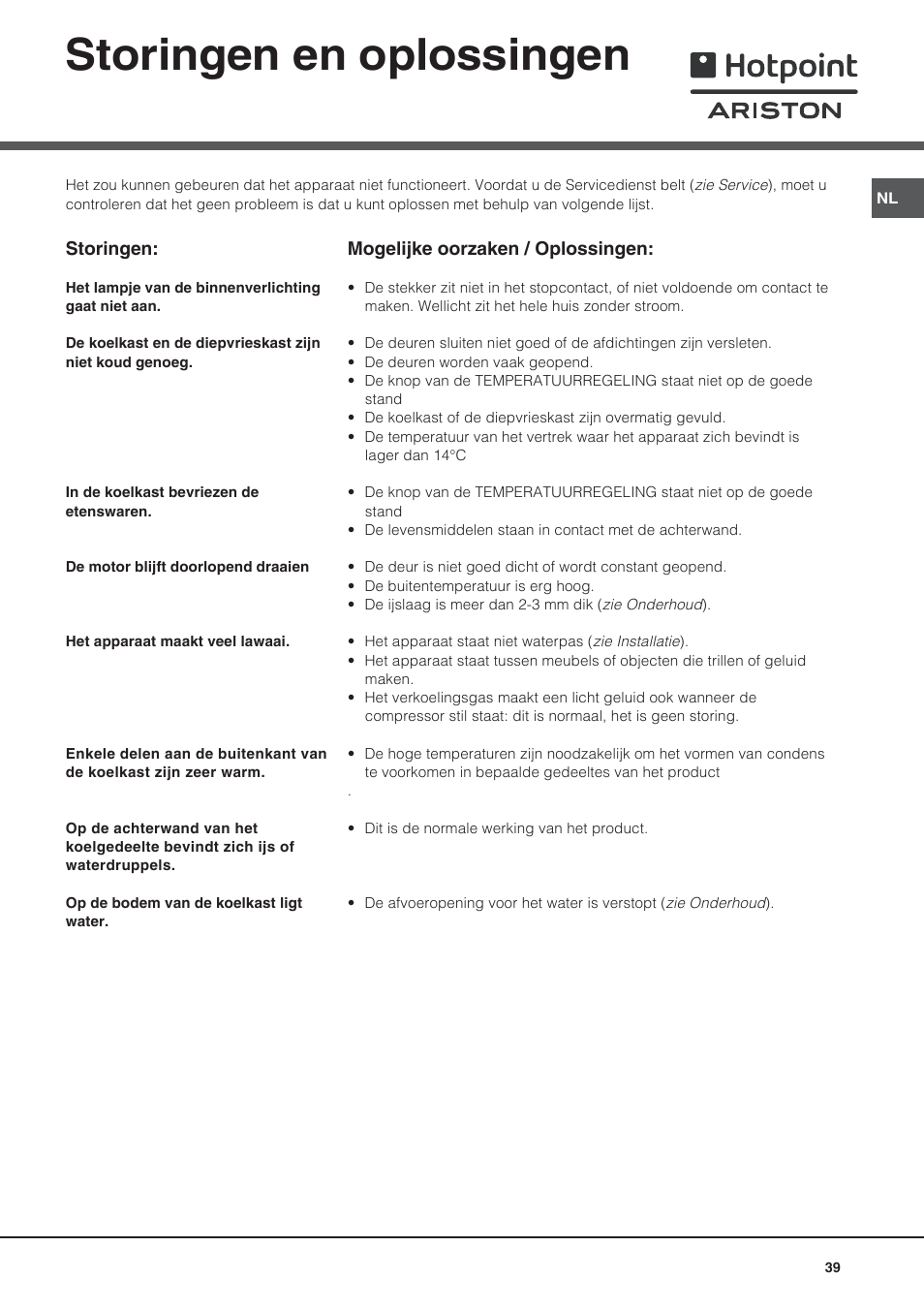 Storingen en oplossingen | Ariston BD 2421 User Manual | Page 39 / 48