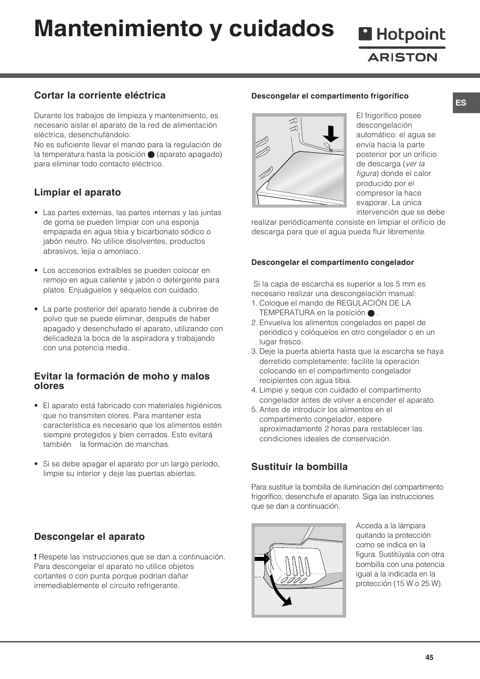 Mantenimiento y cuidados | Ariston BD 2421 User Manual | Page 45 / 48