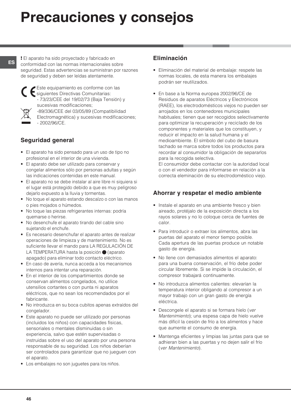 Precauciones y consejos | Ariston BD 2421 User Manual | Page 46 / 48