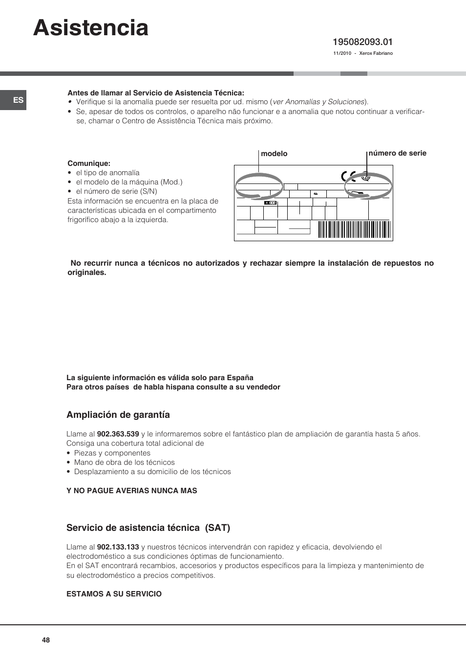 Asistencia, Ampliación de garantía, Servicio de asistencia técnica (sat) | Ariston BD 2421 User Manual | Page 48 / 48