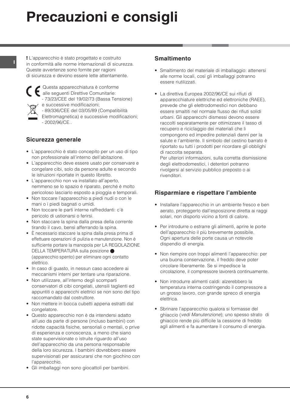 Precauzioni e consigli | Ariston BD 2421 User Manual | Page 6 / 48