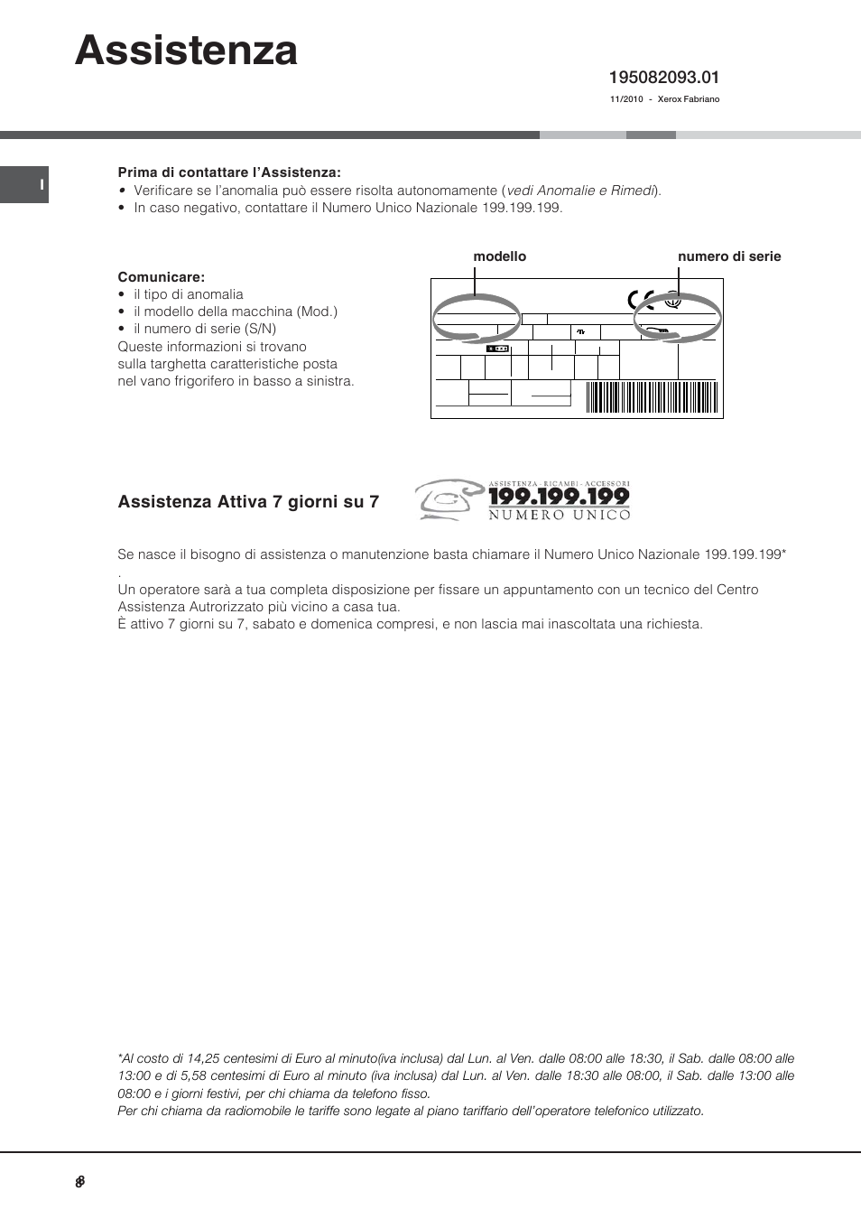 Assistenza, Assistenza attiva 7 giorni su 7, Modello numero di serie | Ariston BD 2421 User Manual | Page 8 / 48