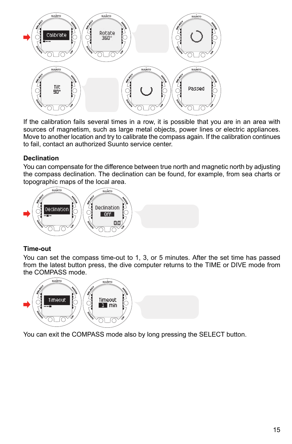 Declination, Time-out | SUUNTO Cobra3 User Manual | Page 15 / 60