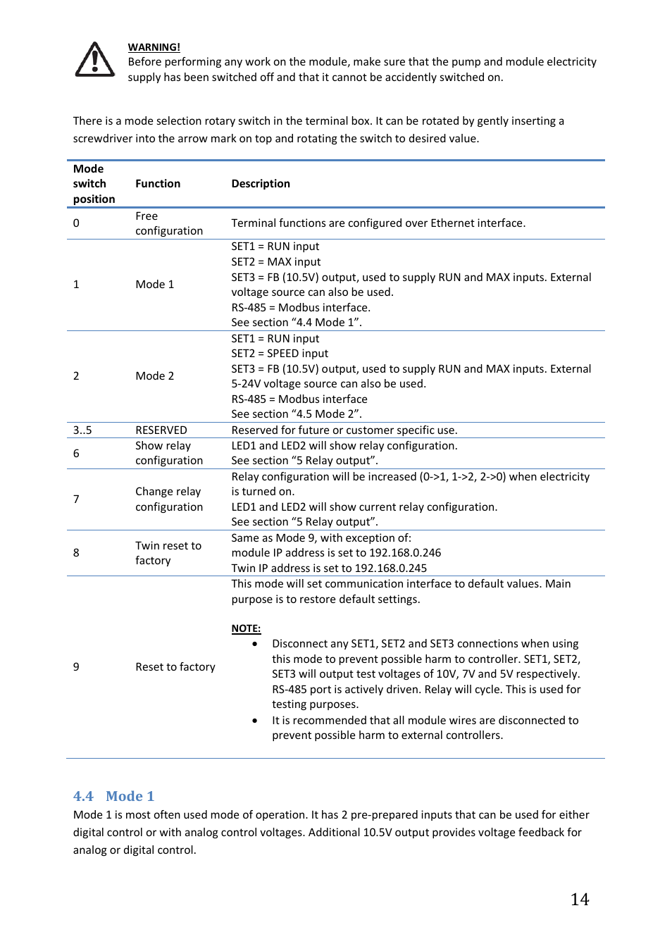 4 mode 1, Mode 1 | IMP Pumps NMTC module User Manual | Page 14 / 41