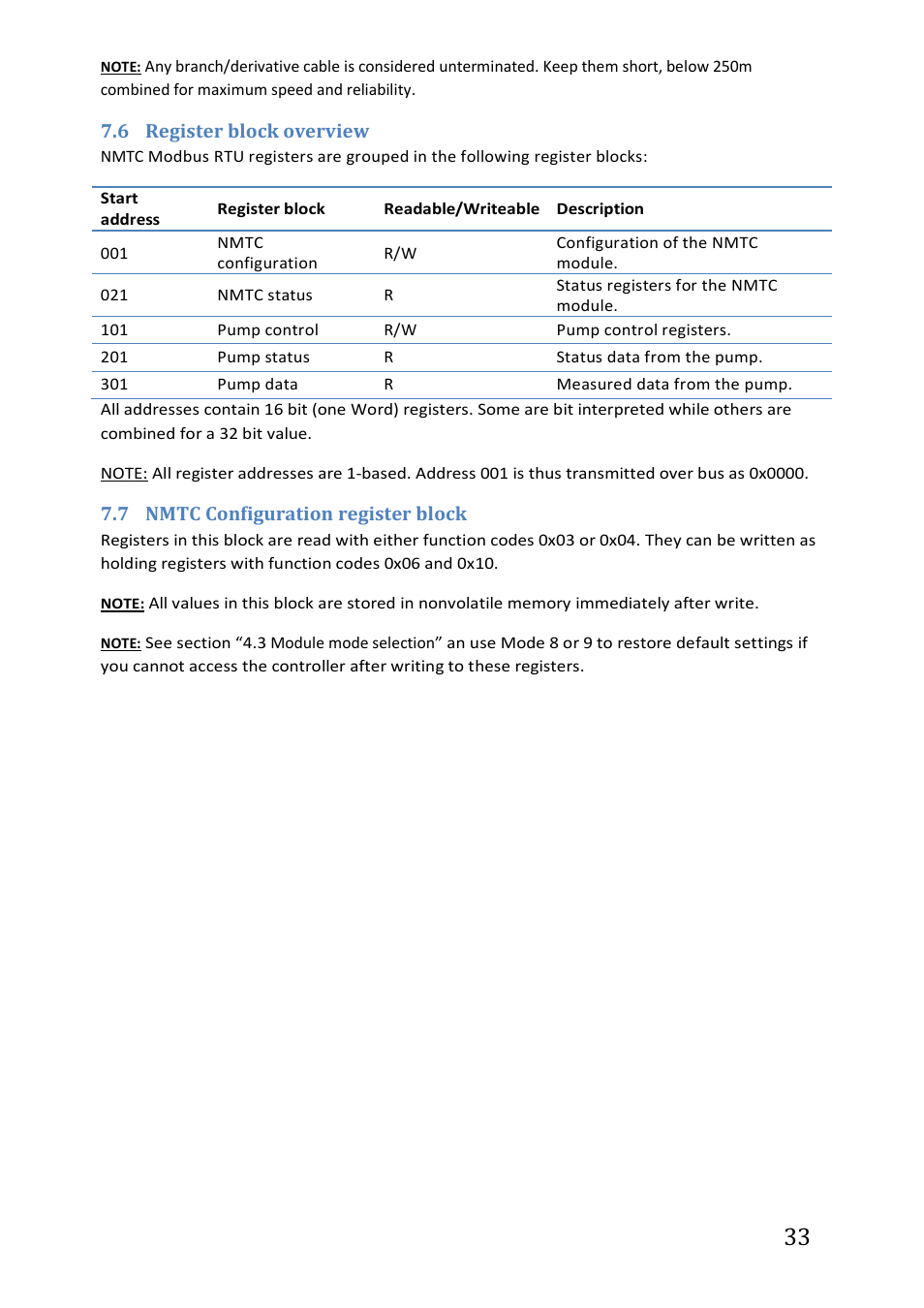 6 register block overview, 7 nmtc configuration register block, Register block overview | Nmtc configuration register block .33 | IMP Pumps NMTC module User Manual | Page 33 / 41