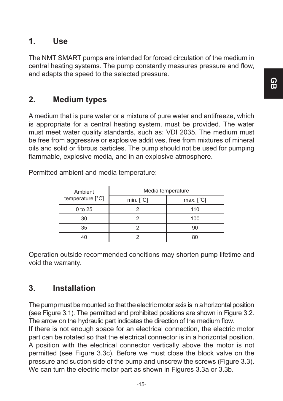 Gb 1. use, Medium types, Installation | IMP Pumps NMT(D) SMART (C) User Manual | Page 15 / 56