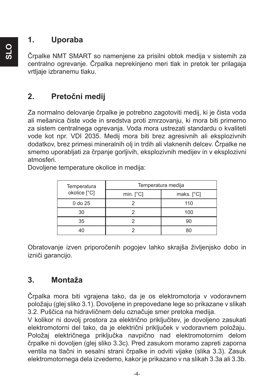Slo 1. uporaba, Pretočni medij, Montaža | IMP Pumps NMT(D) SMART (C) User Manual | Page 4 / 56