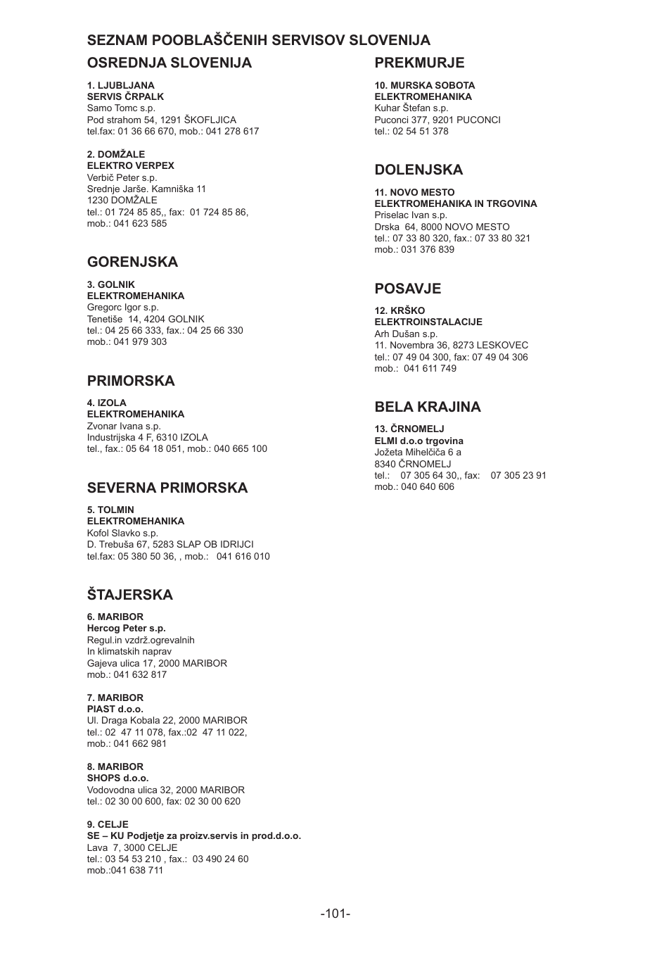 Osrednja slovenija, Gorenjska, Primorska | Severna primorska, Štajerska, Prekmurje, Dolenjska, Posavje, Bela krajina, Seznam pooblaščenih servisov slovenija | IMP Pumps GHN(M)(D)basic(auto) & SANbasic 40-100 flanges User Manual | Page 101 / 104
