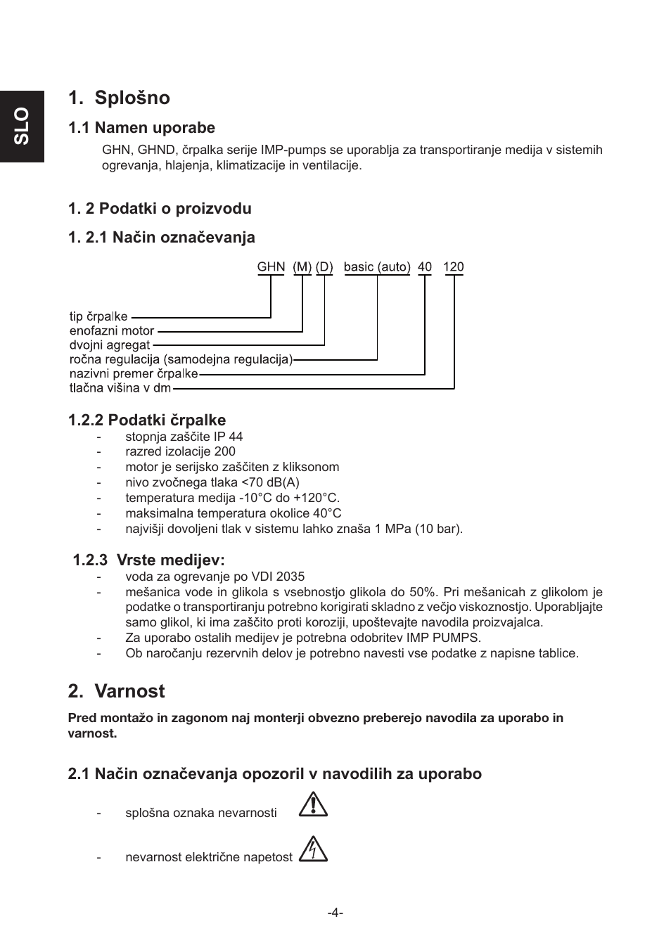 Slo 1. splošno, Varnost | IMP Pumps GHN(M)(D)basic(auto) & SANbasic 40-100 flanges User Manual | Page 4 / 104