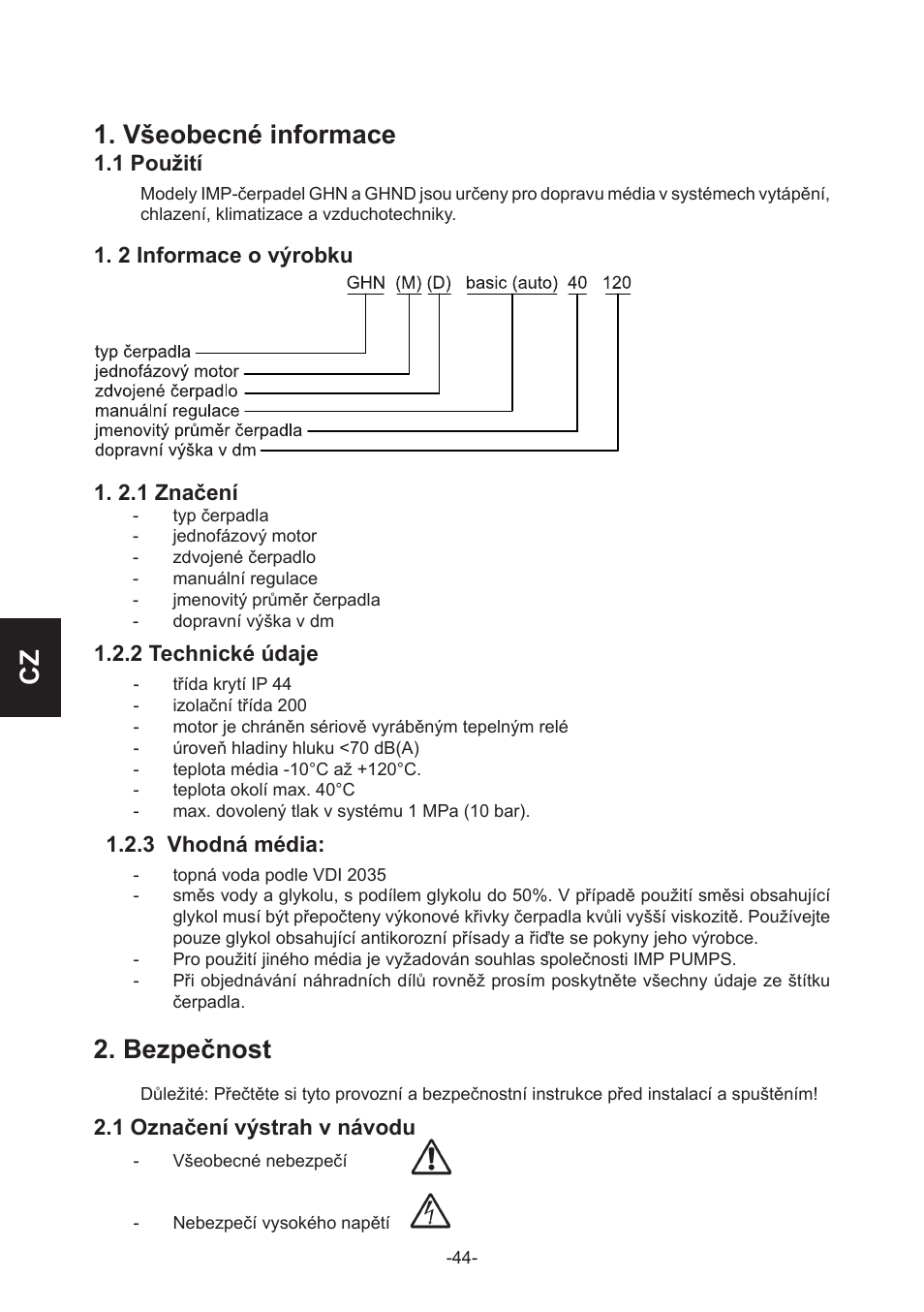 Cz 1. všeobecné informace, Bezpečnost | IMP Pumps GHN(M)(D)basic(auto) & SANbasic 40-100 flanges User Manual | Page 44 / 104