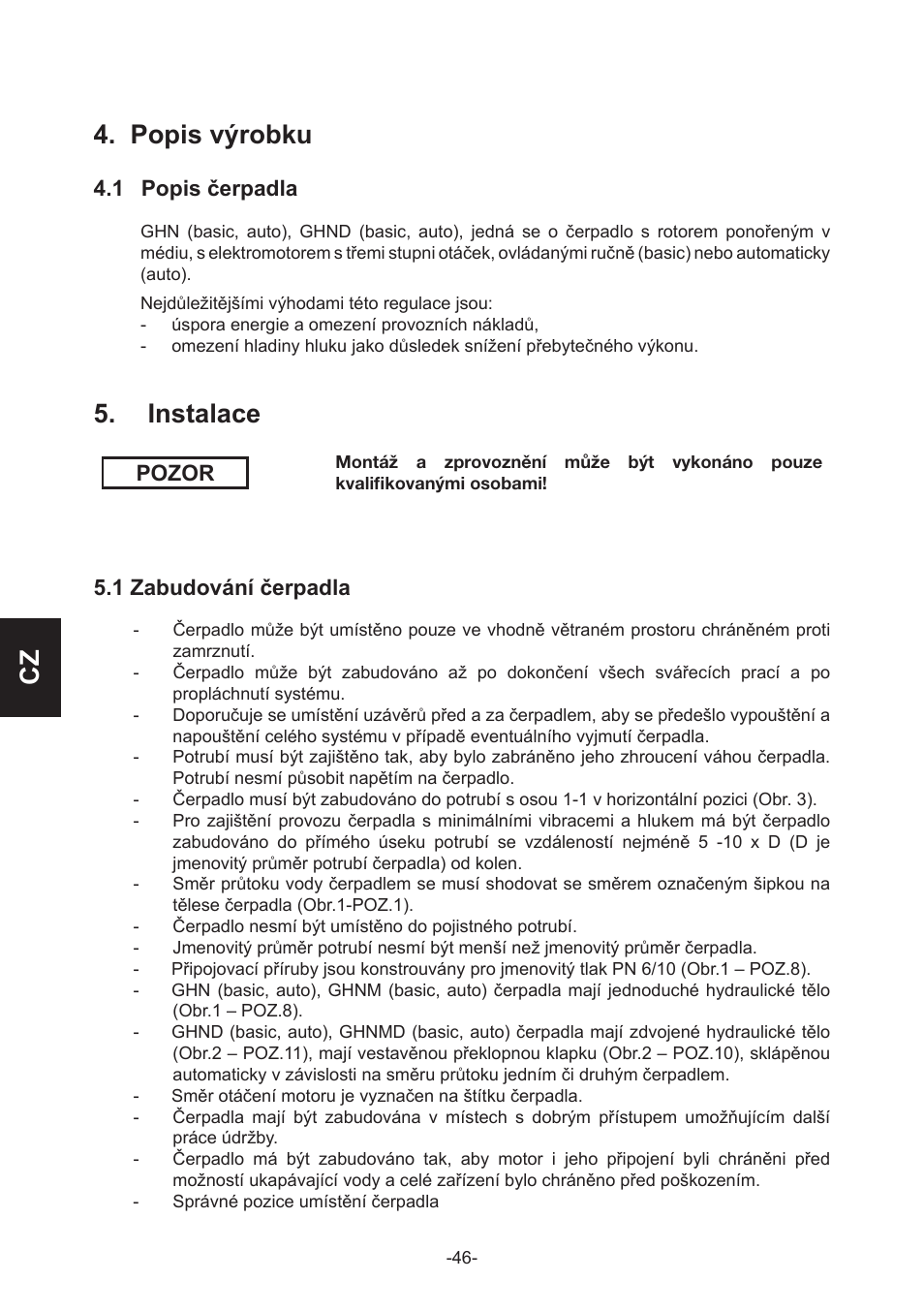 Cz 4. popis výrobku, Instalace | IMP Pumps GHN(M)(D)basic(auto) & SANbasic 40-100 flanges User Manual | Page 46 / 104