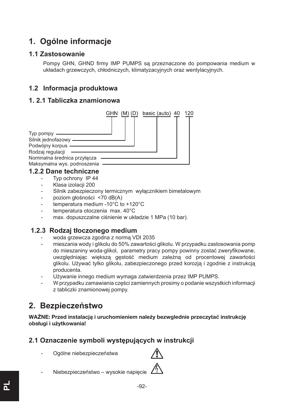 Pl 1. ogólne informacje, Bezpieczeństwo | IMP Pumps GHN(M)(D)basic(auto) & SANbasic 40-100 flanges User Manual | Page 92 / 104