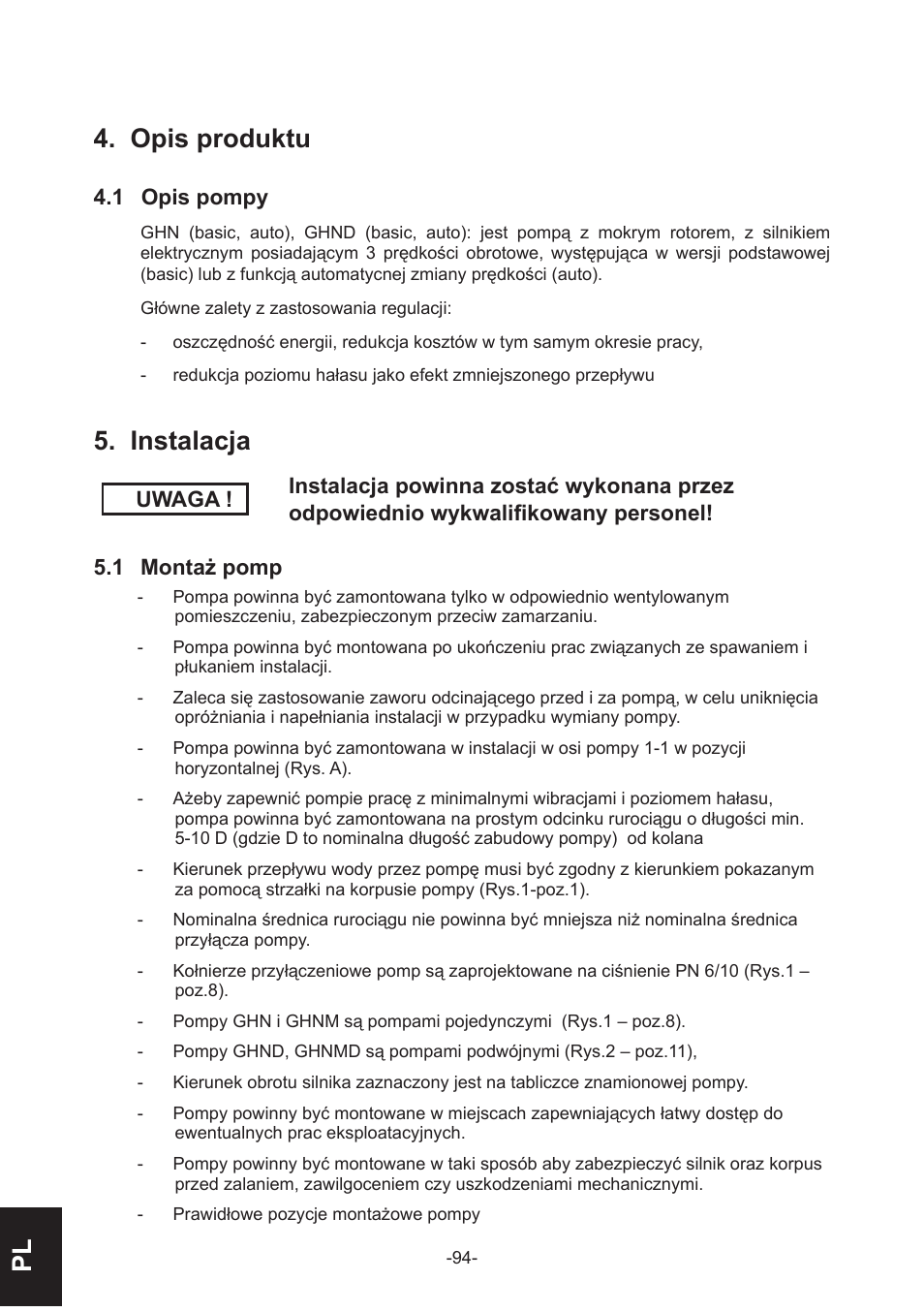 Pl 4. opis produktu, Instalacja | IMP Pumps GHN(M)(D)basic(auto) & SANbasic 40-100 flanges User Manual | Page 94 / 104