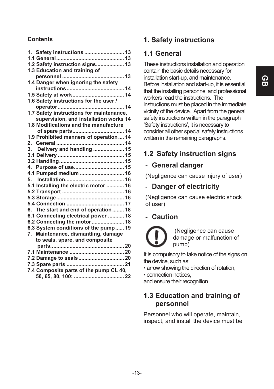 Safety instructions, 1 general, 2 safety instruction signs | General danger, Danger of electricity, Caution, 3 education and training of personnel | IMP Pumps CL, CLD, CB User Manual | Page 13 / 56