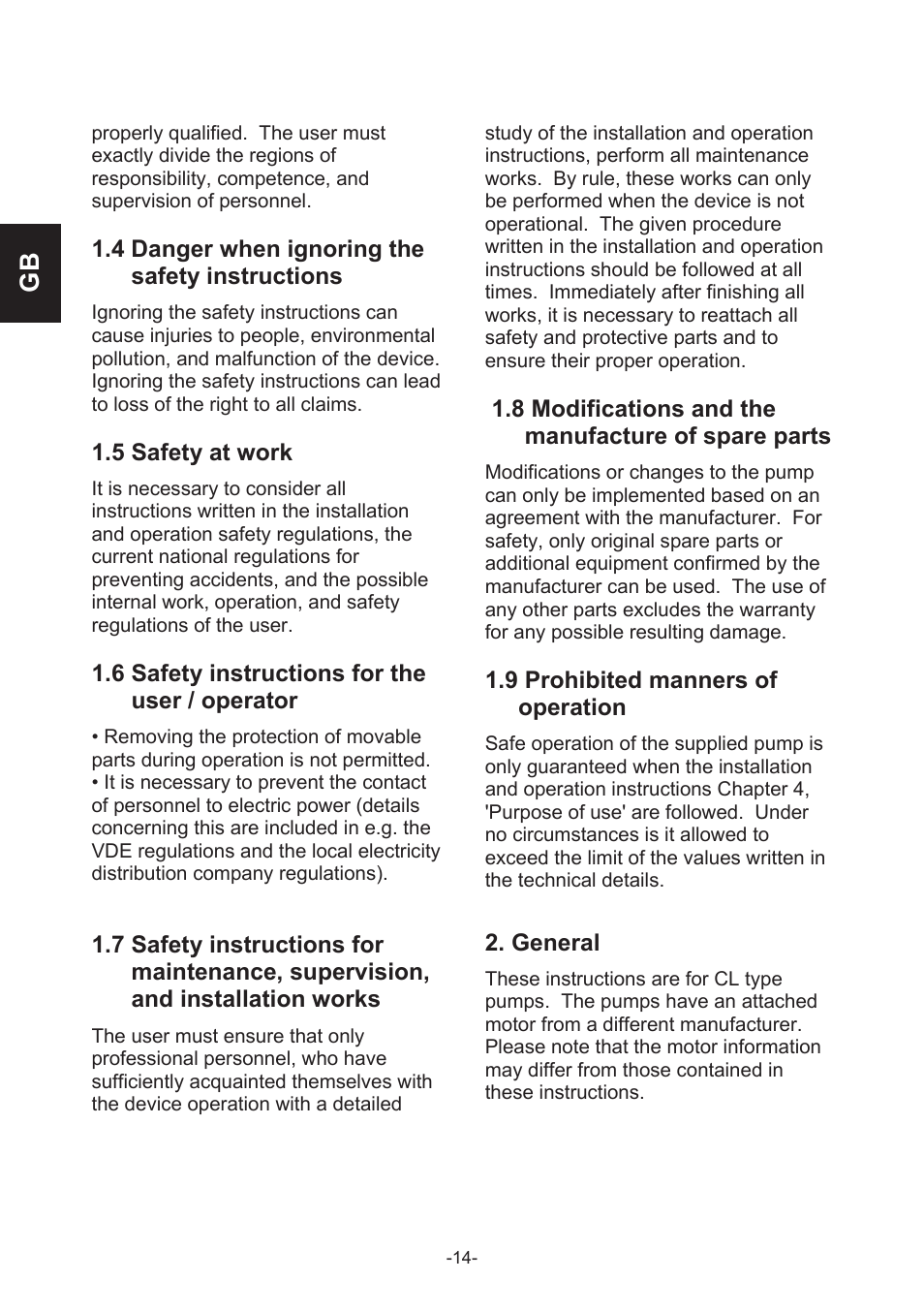 4 danger when ignoring the safety instructions, 5 safety at work, 6 safety instructions for the user / operator | 8 modifications and the manufacture of spare parts, 9 prohibited manners of operation, General | IMP Pumps CL, CLD, CB User Manual | Page 14 / 56