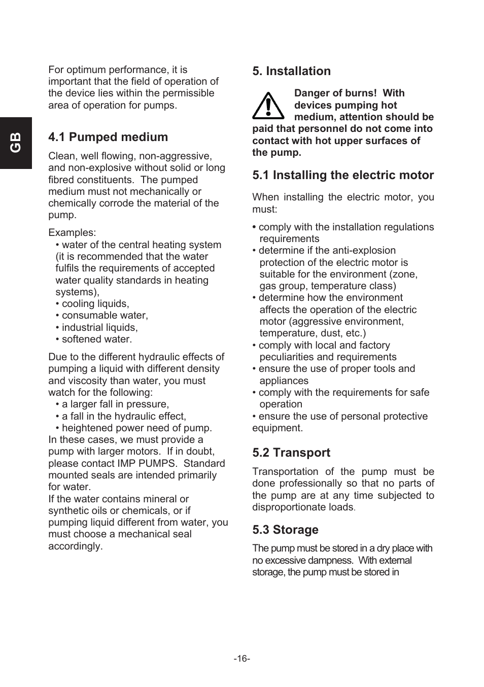 1 pumped medium, Installation, 1 installing the electric motor | 2 transport, 3 storage | IMP Pumps CL, CLD, CB User Manual | Page 16 / 56