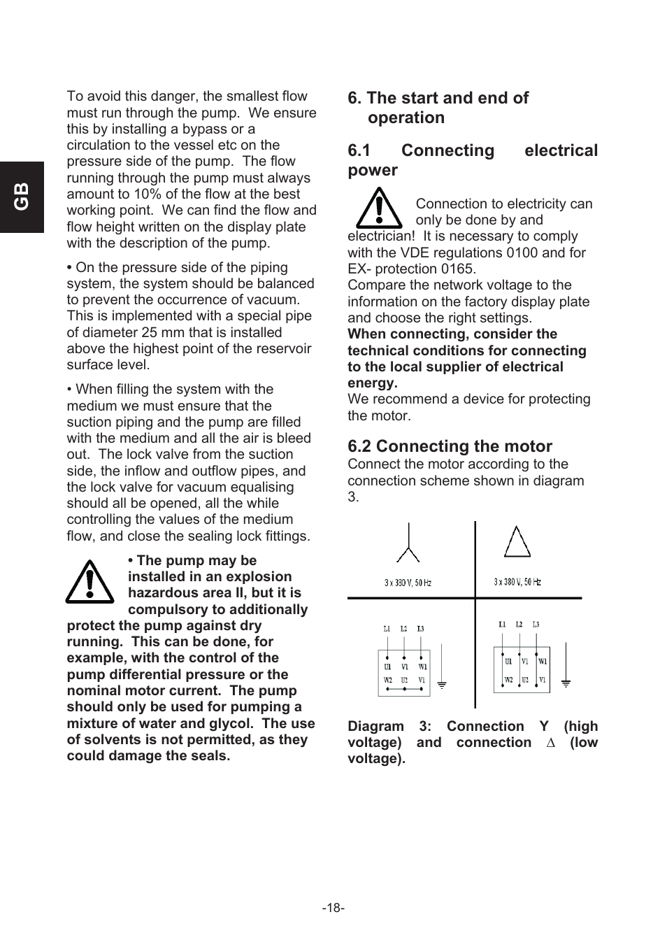 The start and end of operation, 1 connecting electrical power, 2 connecting the motor | IMP Pumps CL, CLD, CB User Manual | Page 18 / 56