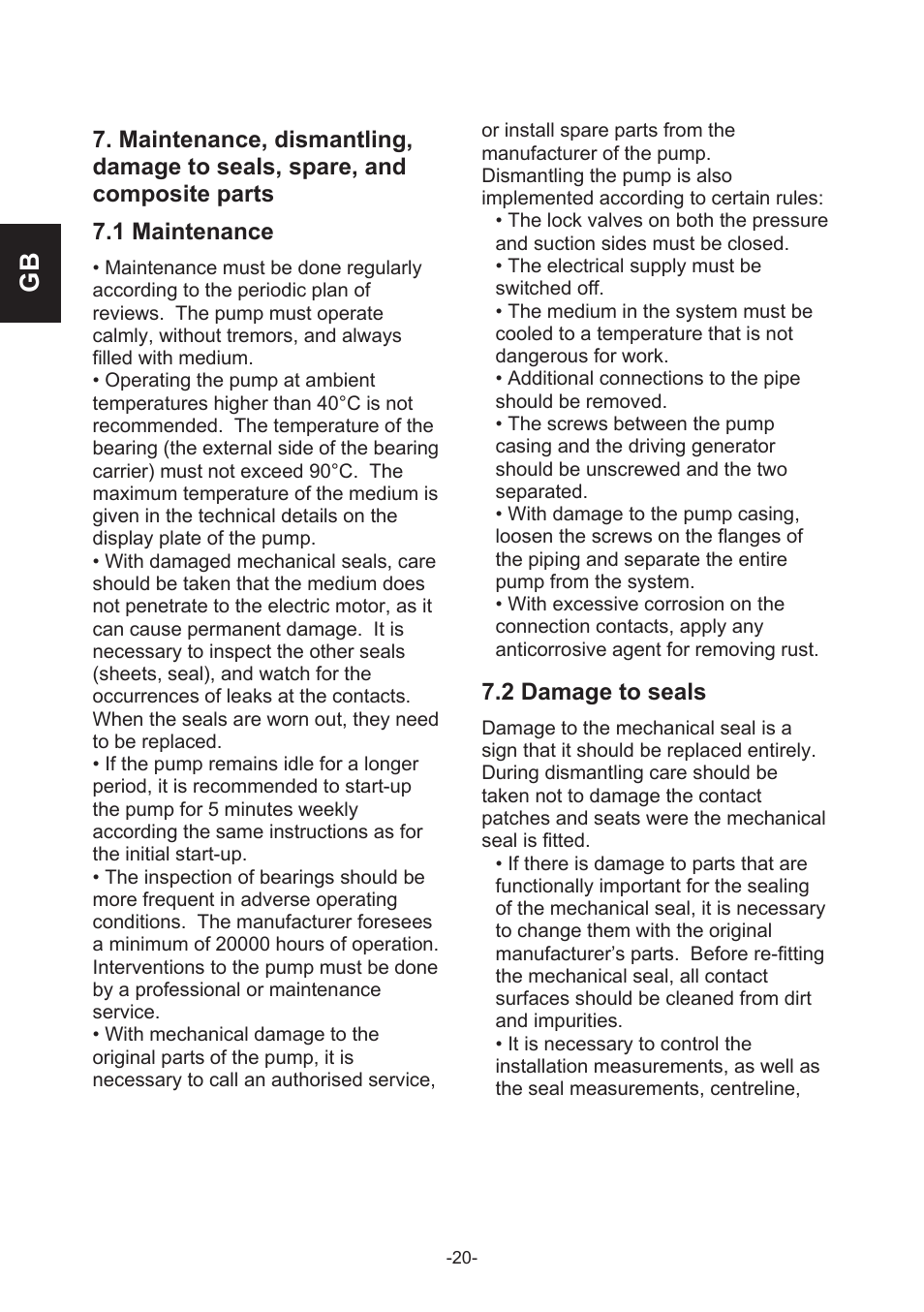 1 maintenance, 2 damage to seals | IMP Pumps CL, CLD, CB User Manual | Page 20 / 56