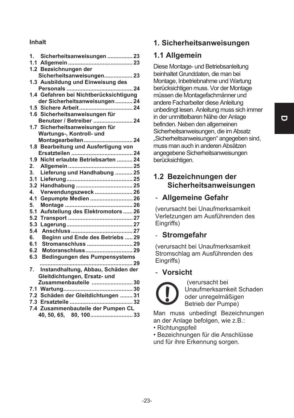 Sicherheitsanweisungen, 1 allgemein, 2 bezeichnungen der sicherheitsanweisungen | Allgemeine gefahr, Stromgefahr, Vorsicht | IMP Pumps CL, CLD, CB User Manual | Page 23 / 56