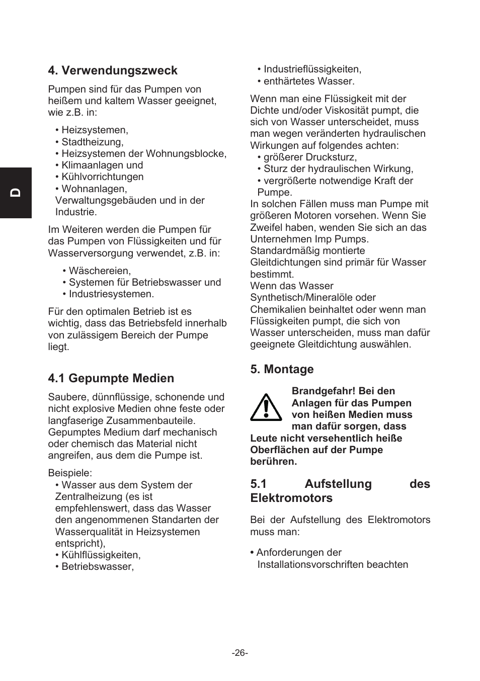 Verwendungszweck, 1 gepumpte medien, Montage | 1 aufstellung des elektromotors | IMP Pumps CL, CLD, CB User Manual | Page 26 / 56