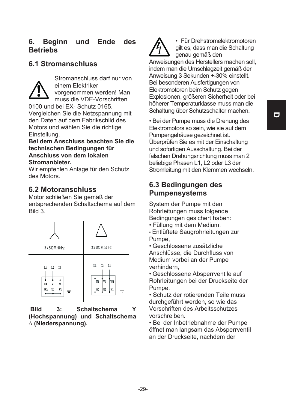 Beginn und ende des betriebs, 1 stromanschluss, 2 motoranschluss | 3 bedingungen des pumpensystems | IMP Pumps CL, CLD, CB User Manual | Page 29 / 56