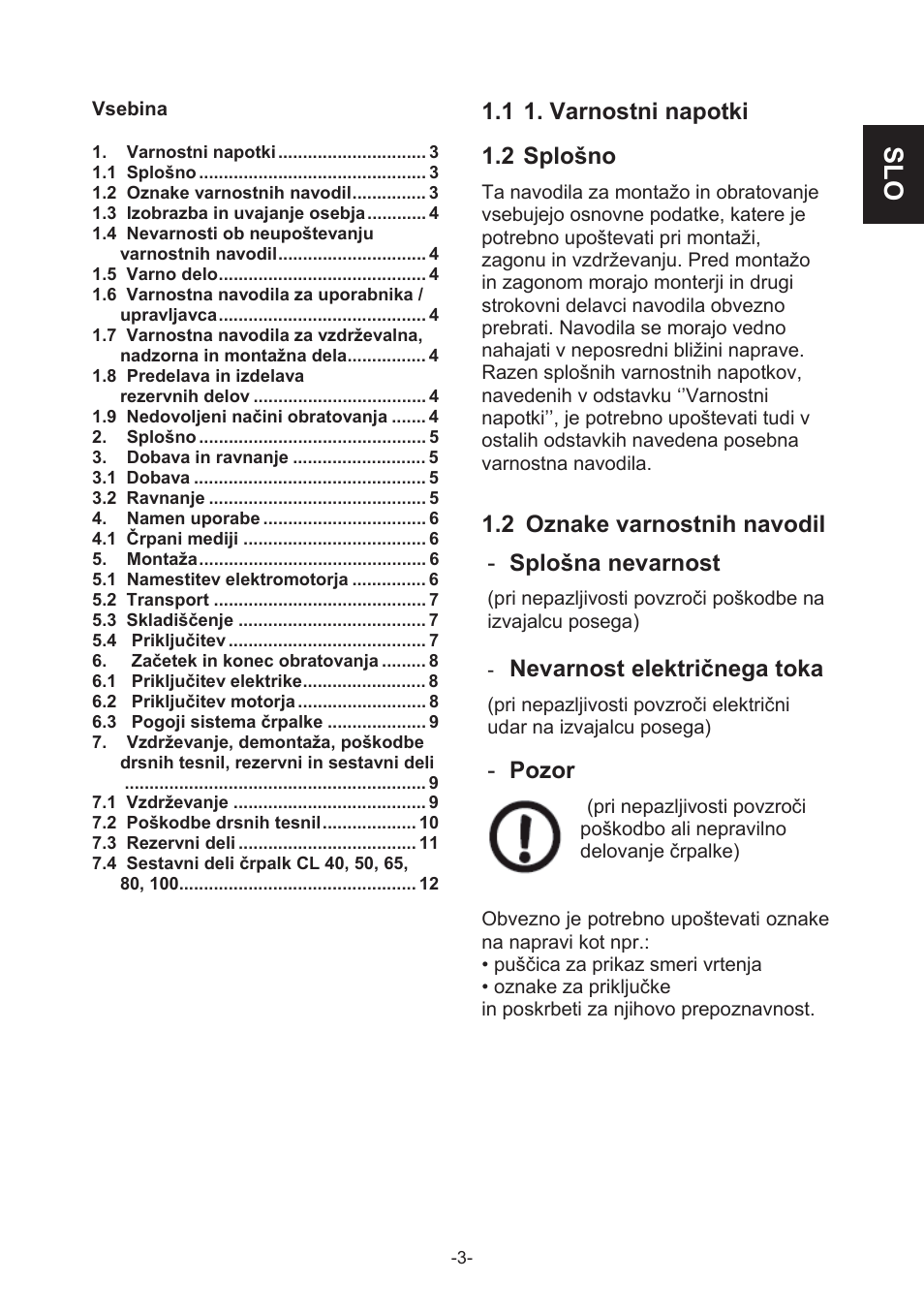 1 1. varnostni napotki, 2 splošno, 2 oznake varnostnih navodil | Splošna nevarnost, Nevarnost električnega toka, Pozor | IMP Pumps CL, CLD, CB User Manual | Page 3 / 56