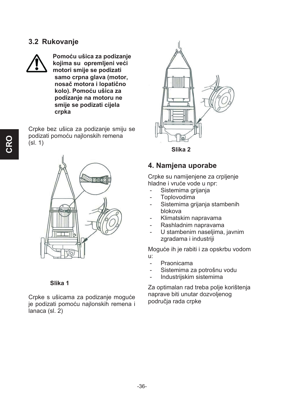 2 rukovanje, Namjena uporabe | IMP Pumps CL, CLD, CB User Manual | Page 36 / 56
