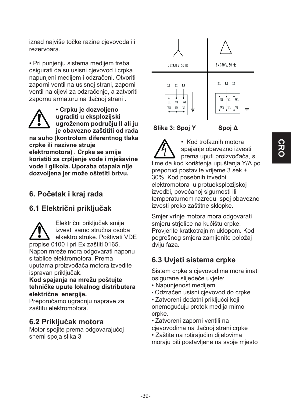 Početak i kraj rada, 1 električni priključak, 2 priključak motora | 3 uvjeti sistema crpke | IMP Pumps CL, CLD, CB User Manual | Page 39 / 56