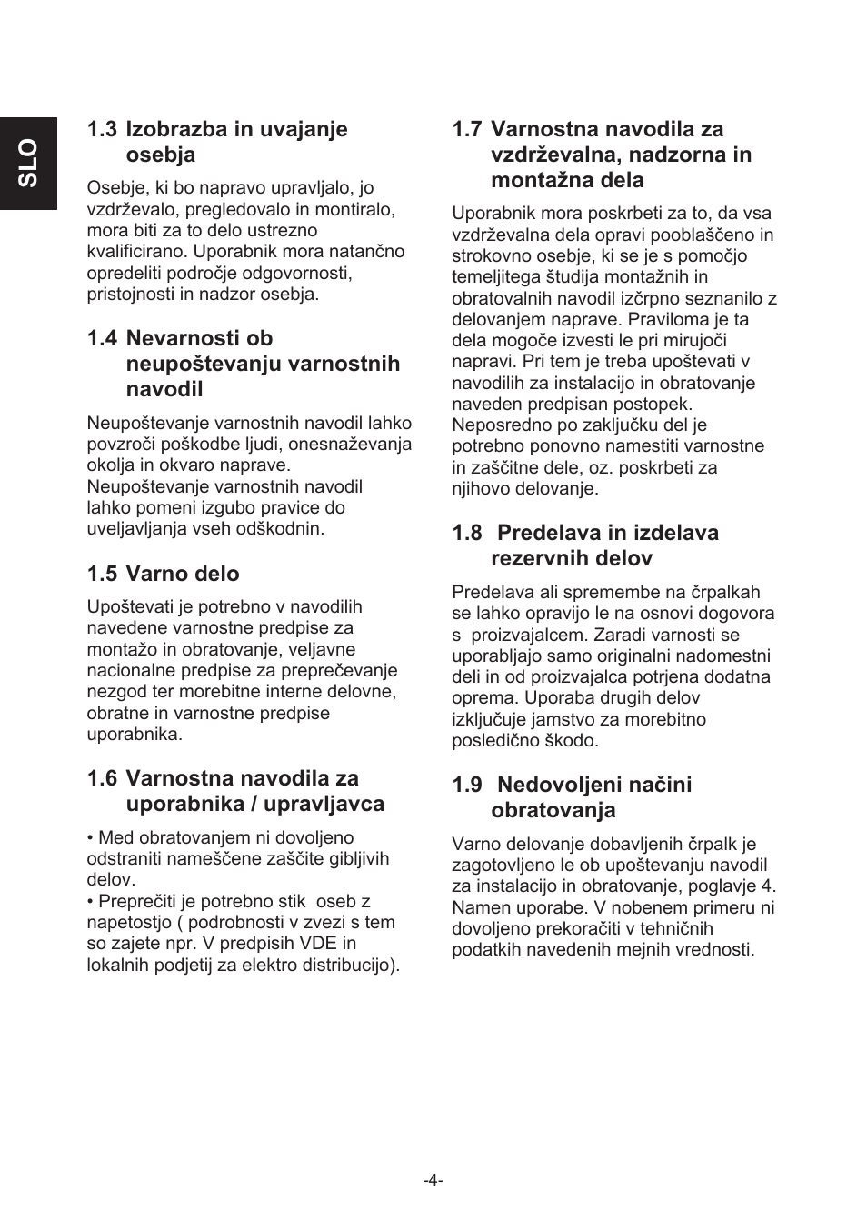 3 izobrazba in uvajanje osebja, 4 nevarnosti ob neupoštevanju varnostnih navodil, 5 varno delo | 6 varnostna navodila za uporabnika / upravljavca, 8 predelava in izdelava rezervnih delov, 9 nedovoljeni načini obratovanja | IMP Pumps CL, CLD, CB User Manual | Page 4 / 56