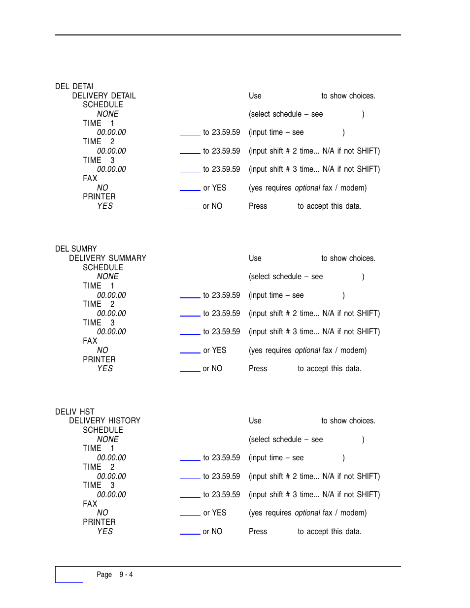 Delivery detail report: 9, Delivery summary report: 9, Reports schedule menu (c | Franklin Fueling Systems Tank Sentinel (TS-1001, 2001, 504, 508 & 750) Setup Programming Guide User Manual | Page 60 / 184