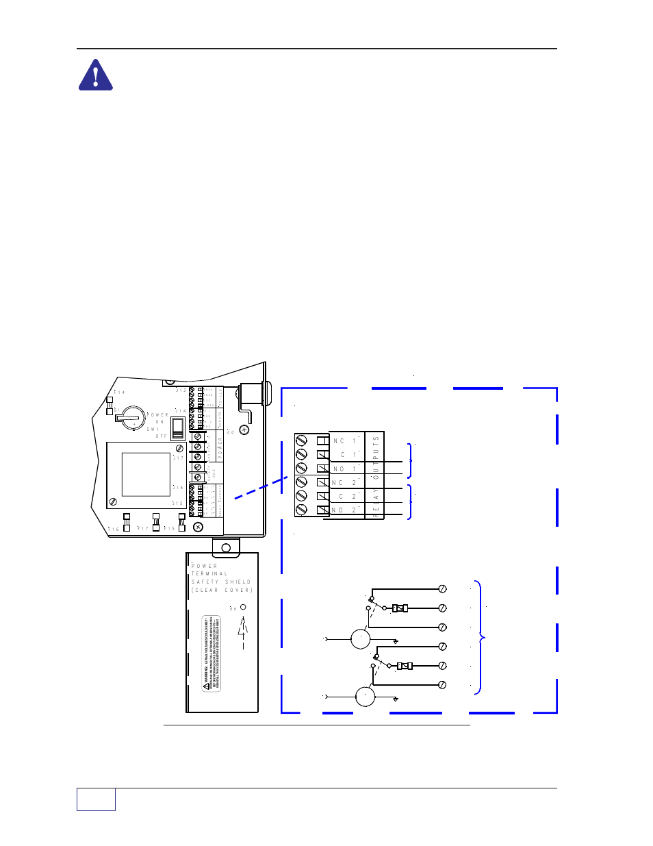 Figure 7-6. alarm-relay output wiring, Page 7 - 12 tank sentinel, Installation guide | Alarm relay output wiring & schematic, Enlarged view of terminal strip # j16 & j15 | Franklin Fueling Systems Tank Sentinel (TS-1001, 2001, 504, 508 & 750) Installation User Manual | Page 55 / 98