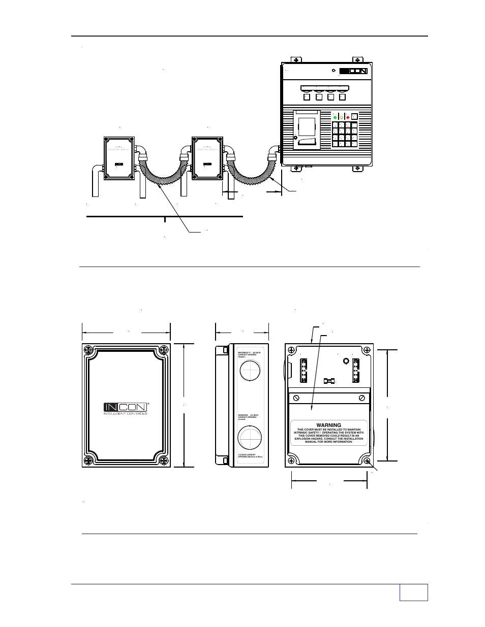 With cover off ), Figure 7-8a. ts-sem britebox, Typical installation figure 7-8b. ts-sem britebox | Overall mounting dimensions, System wiring page 7 - 15, Dimensions are listed in inches (mm), Fee d, Ts-1001 tank sentinel | Franklin Fueling Systems Tank Sentinel (TS-1001, 2001, 504, 508 & 750) Installation User Manual | Page 58 / 98