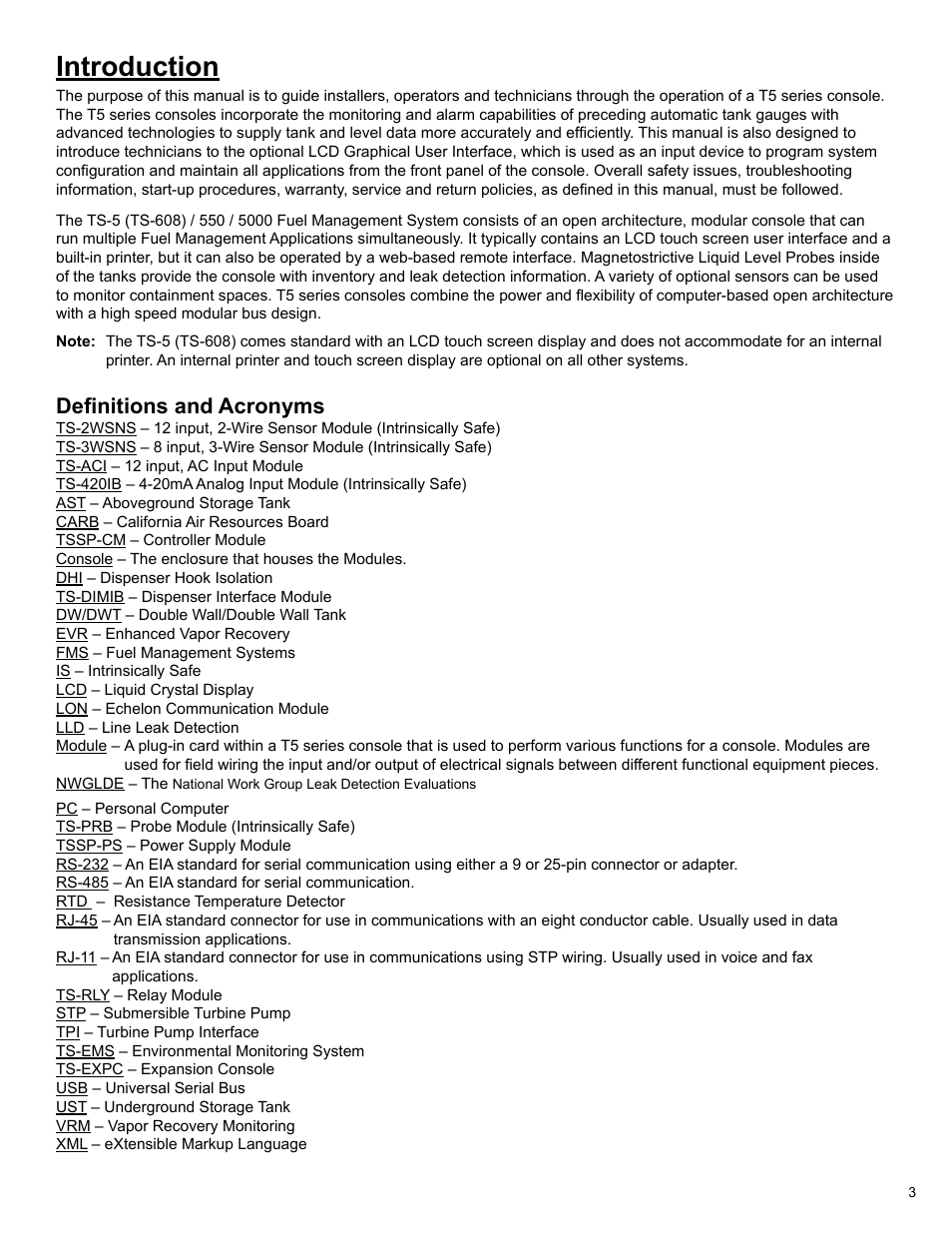 Introduction, Definitions and acronyms | Franklin Fueling Systems T5 Series Fuel Management System Operators Guide User Manual | Page 7 / 48