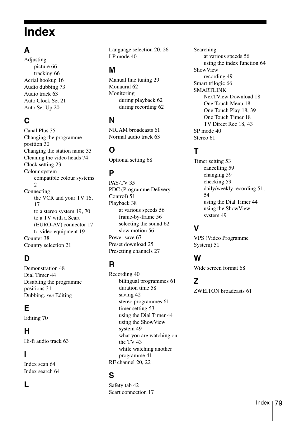 Index | Sony SLV-SE230D User Manual | Page 79 / 80