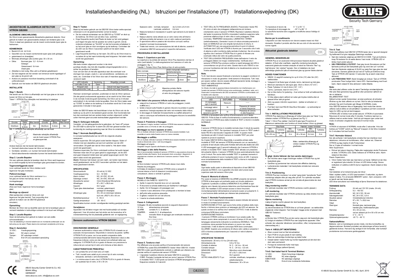 Nstallatie, Eshandle, Eiding (n | Nl) ist, Truzioni, Per l'ins, Tallazion, Ne (it), Installa, Ationsve | ABUS GB2000 Acoustic glass breakage detector User Manual | Page 2 / 2