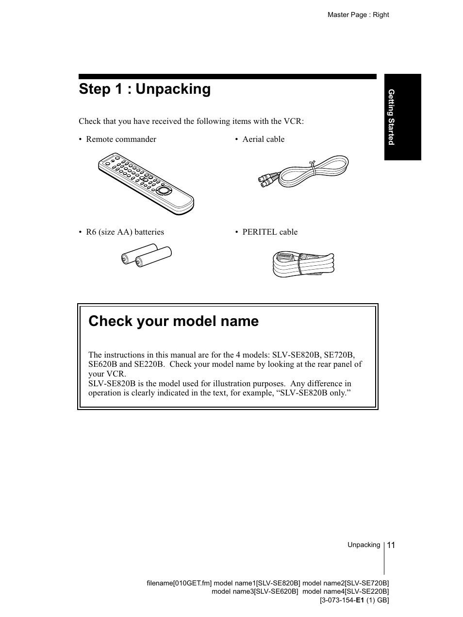 Step 1 : unpacking, Check your model name | Sony SLV-SE220B User Manual | Page 11 / 80
