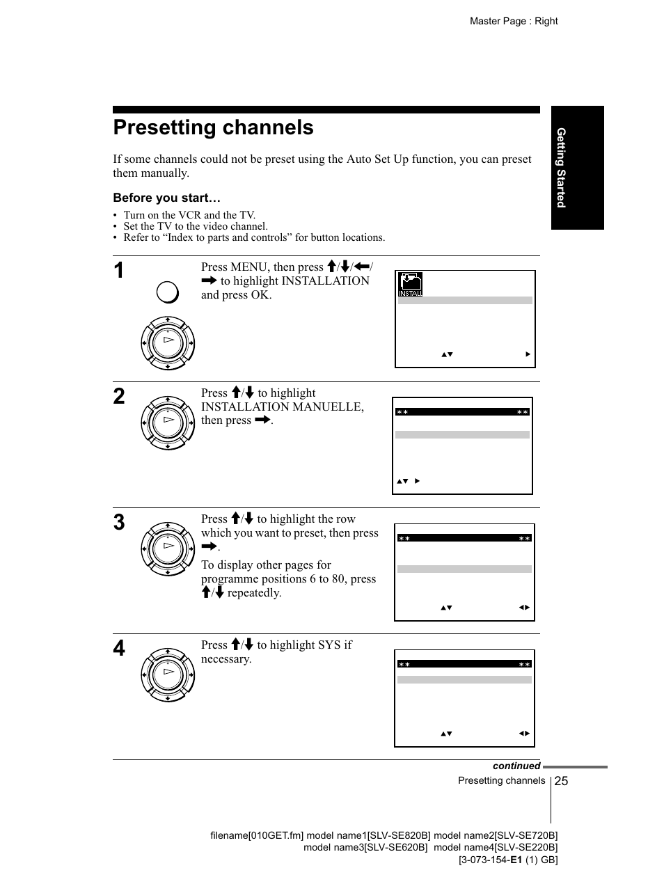 Before you starts, Presetting channels, Press m/m to highlight sys if necessary | Sony SLV-SE220B User Manual | Page 25 / 80