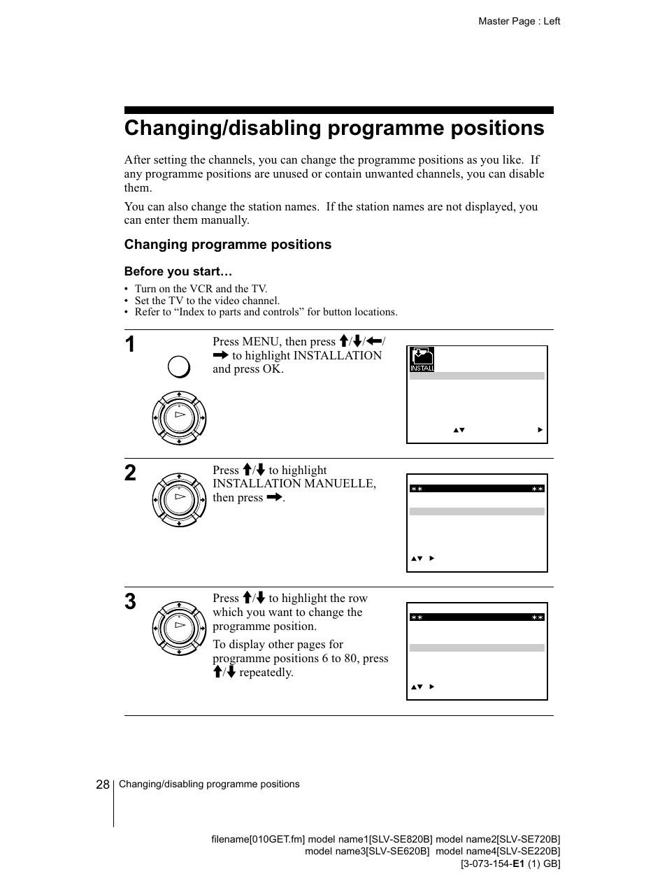 Before you starts, Changing/disabling programme positions, Changing programme positions | Sony SLV-SE220B User Manual | Page 28 / 80