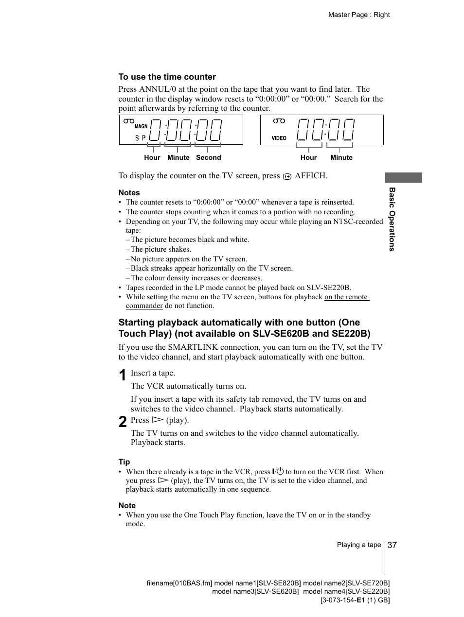 To use the time counter, Notes, Note | Position indicator (37) (38), Position indicator (37), R annul/0 button (37) (48) | Sony SLV-SE220B User Manual | Page 37 / 80