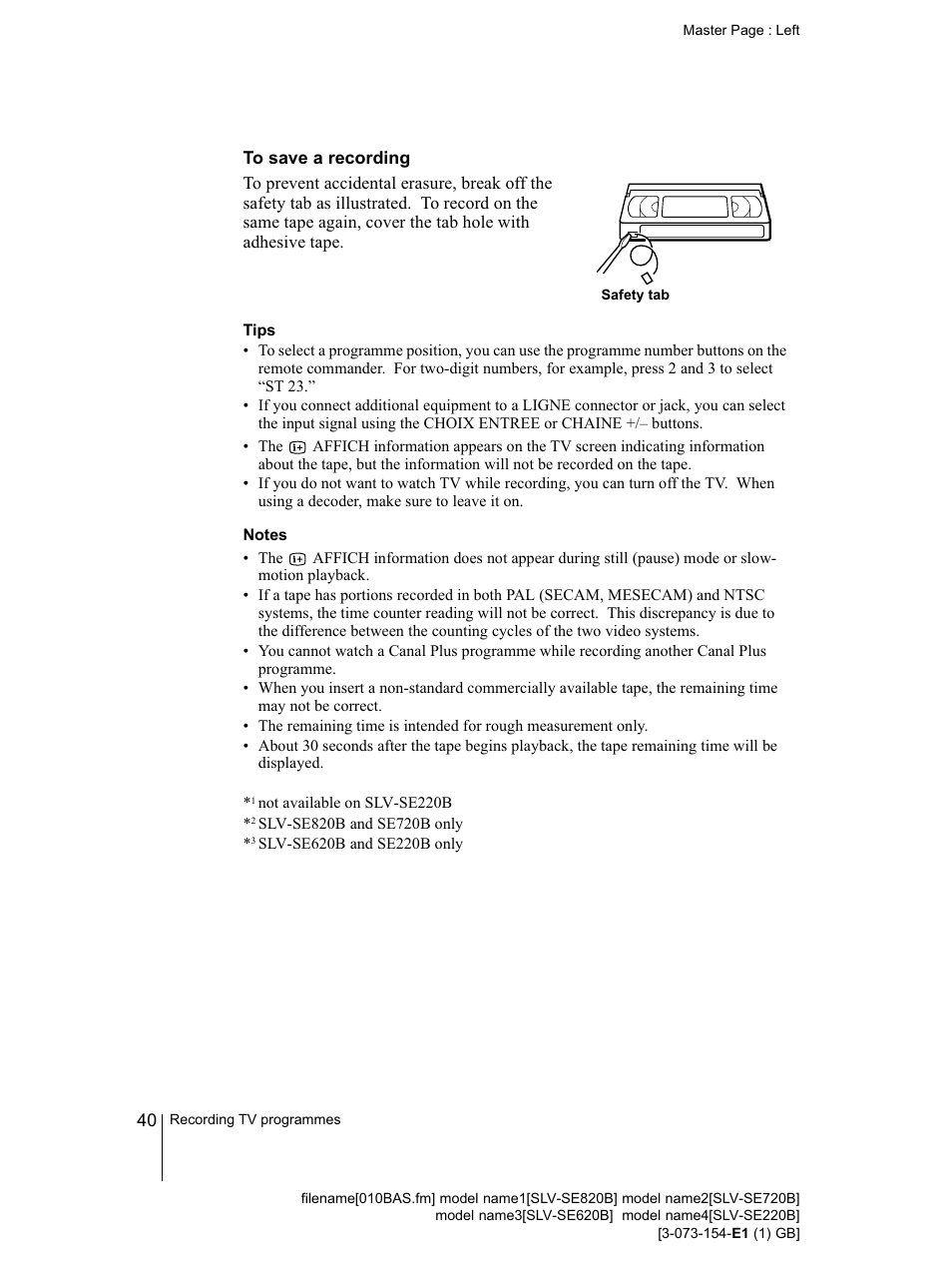 To save a recording, Tips, Notes | Sony SLV-SE220B User Manual | Page 40 / 80
