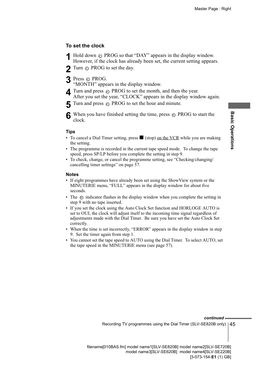 To set the clock | Sony SLV-SE220B User Manual | Page 45 / 80